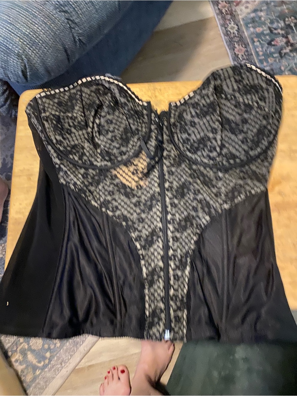 Black Lace Bustier Corset with Front Zip - Women Intimates